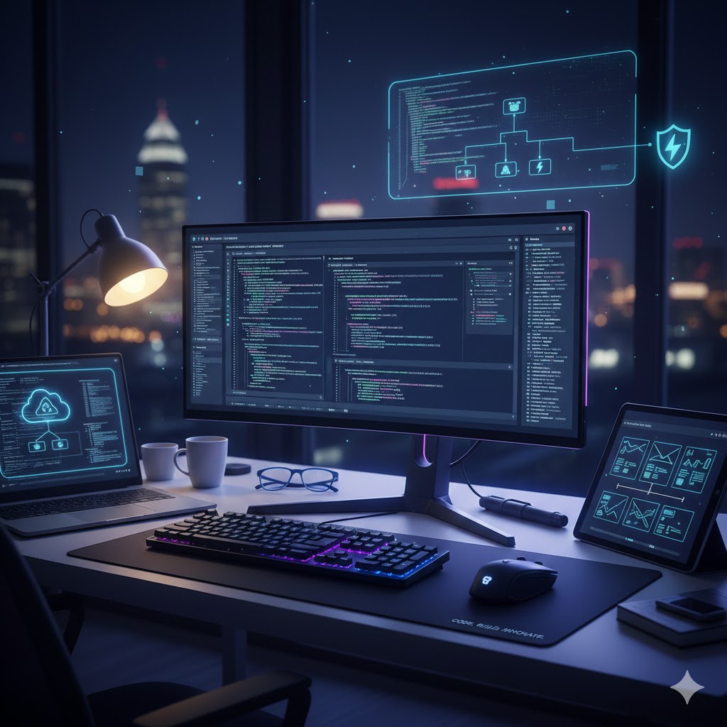 Modernes Software-Entwickler-Setup in der Nacht