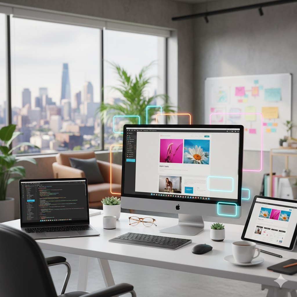 Moderner Arbeitsplatz in einem Webdesigner-Büro bei Tageslicht